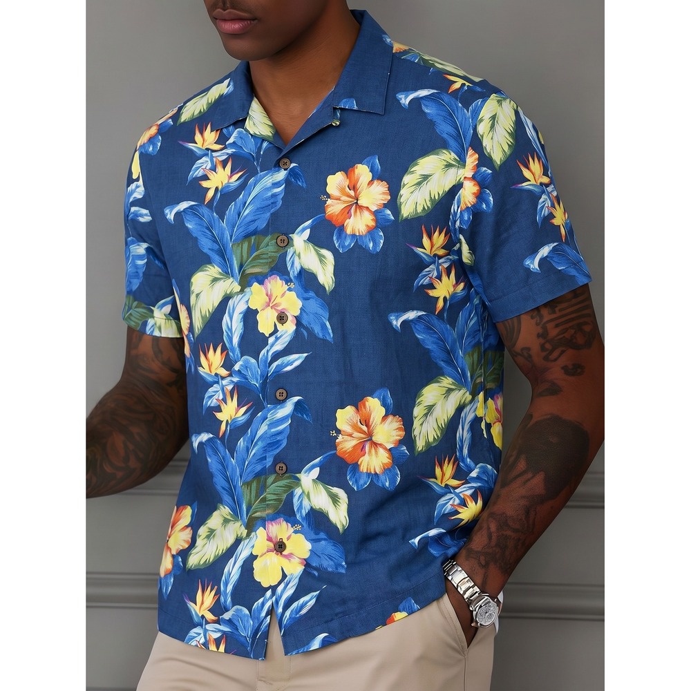 Tommy Bahama Mens Medium Silk Camp Shirt Tropical Floral Blue Hibiscus